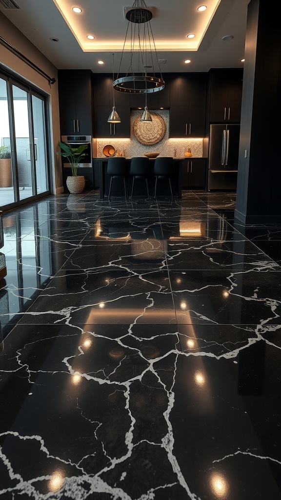 A modern kitchen with a black marble epoxy floor reflecting elegant lighting.