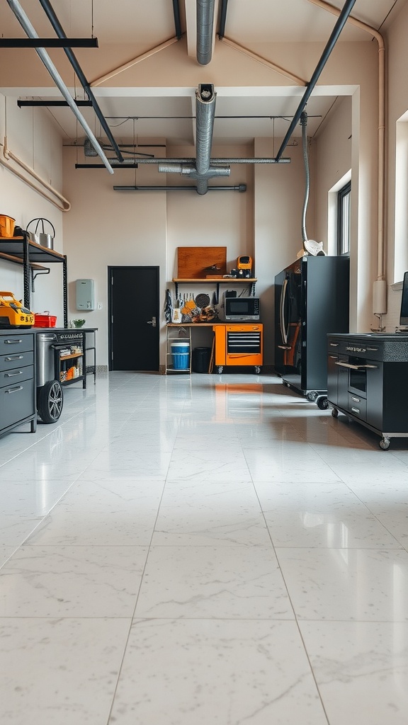 A spacious workshop with a marble epoxy floor and industrial decor.