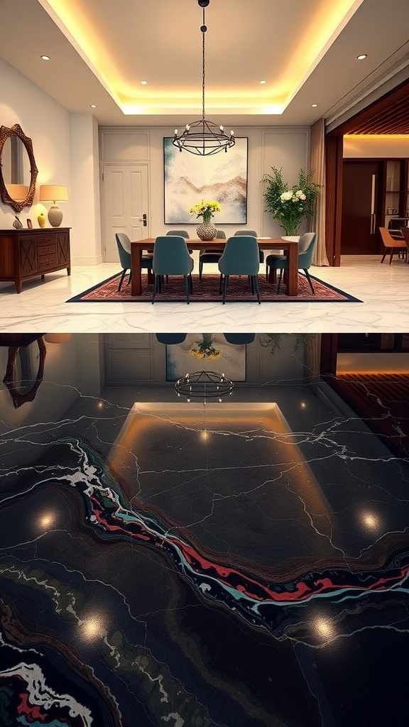 A beautifully designed dining area featuring faux marble epoxy flooring with light reflections and rich color patterns.