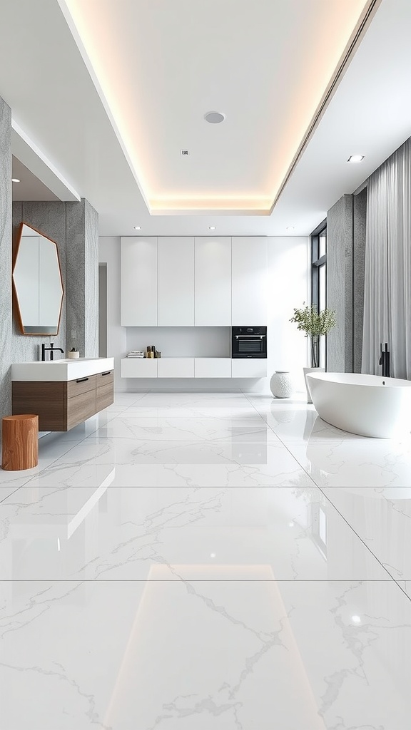 A modern room with white and grey epoxy flooring, showcasing a sleek design