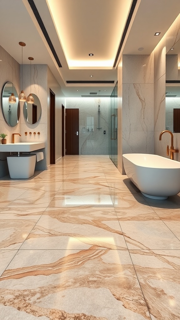 Faux stone epoxy floor finish in a modern bathroom setting.