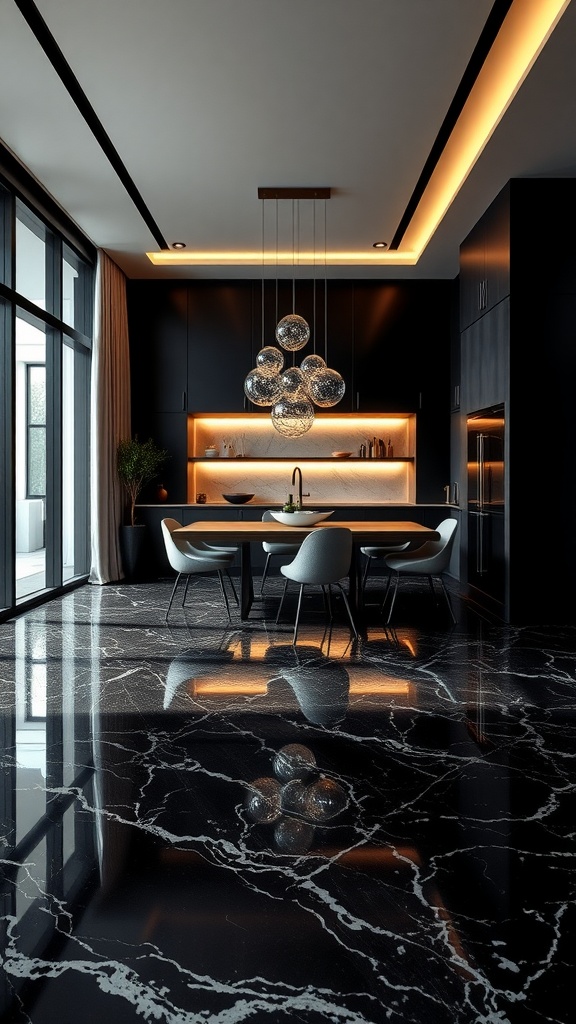 Luxurious kitchen with black marble epoxy floor, modern lighting, and elegant furnishings.