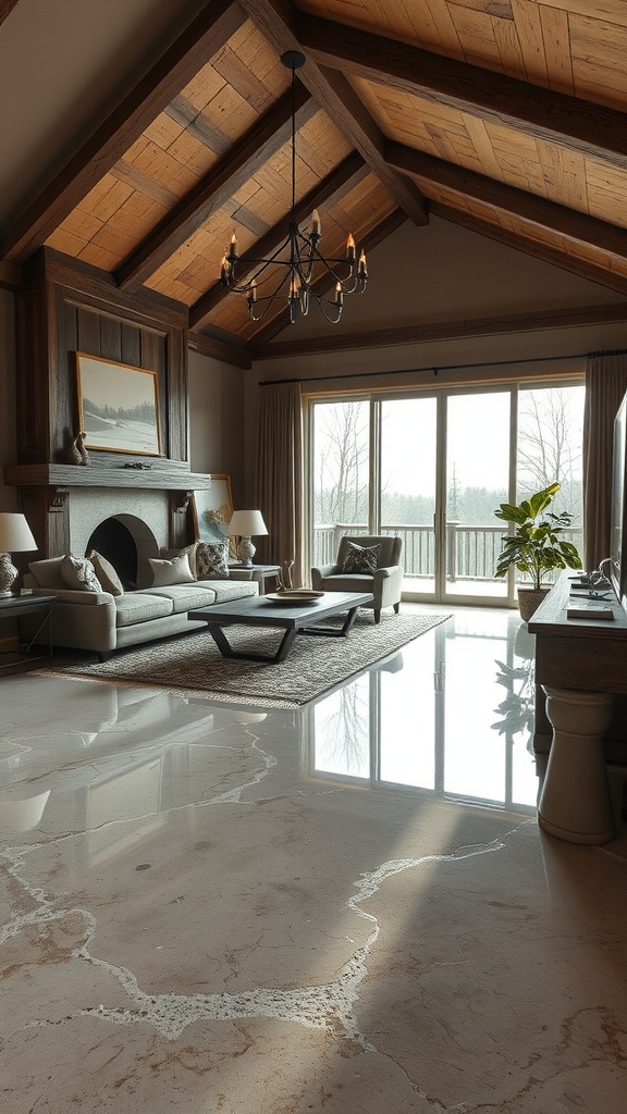 Epoxy floor designed to look like wood in a modern living space.