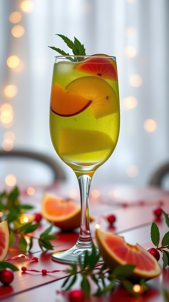 A refreshing fruit spritzer with slices of orange and peach garnished with mint leaves.