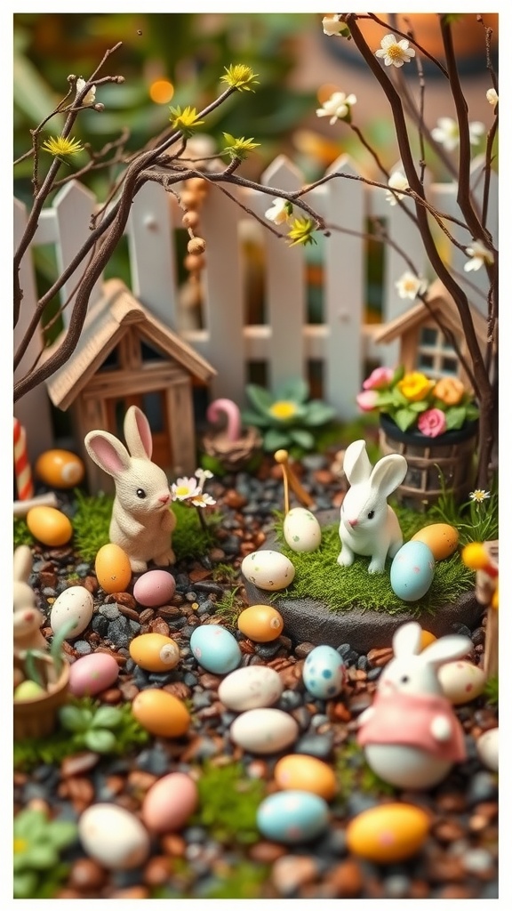 A festive miniature garden scene featuring bunnies, colorful eggs, and flowers for Easter decoration.