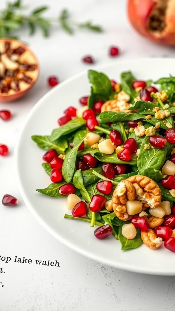 A vibrant salad with spinach, pomegranate seeds, walnuts, and feta cheese, drizzled with a dressing.