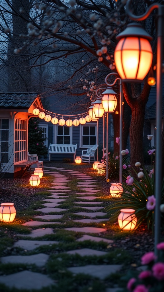 A pathway illuminated by orange lanterns, surrounded by blooming flowers and trees.