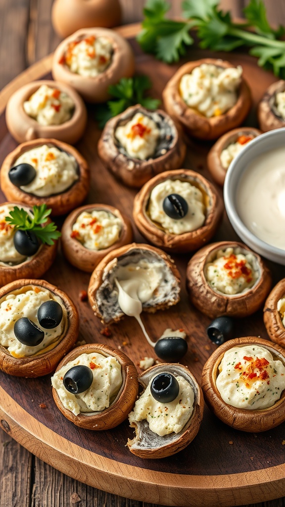 Feta and cream cheese stuffed mushrooms with black olives, beautifully arranged.