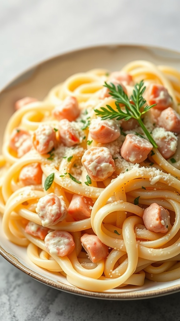A plate of fettuccine Alfredo with chunks of crab meat, garnished with parsley.
