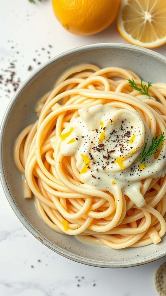A bowl of fettuccine pasta with creamy lemon alfredo sauce garnished with lemon zest and parsley.
