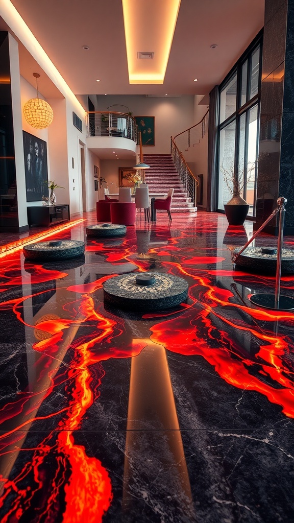 Interior with fiery lava flow epoxy flooring, showcasing vibrant red and black swirls in a modern space.