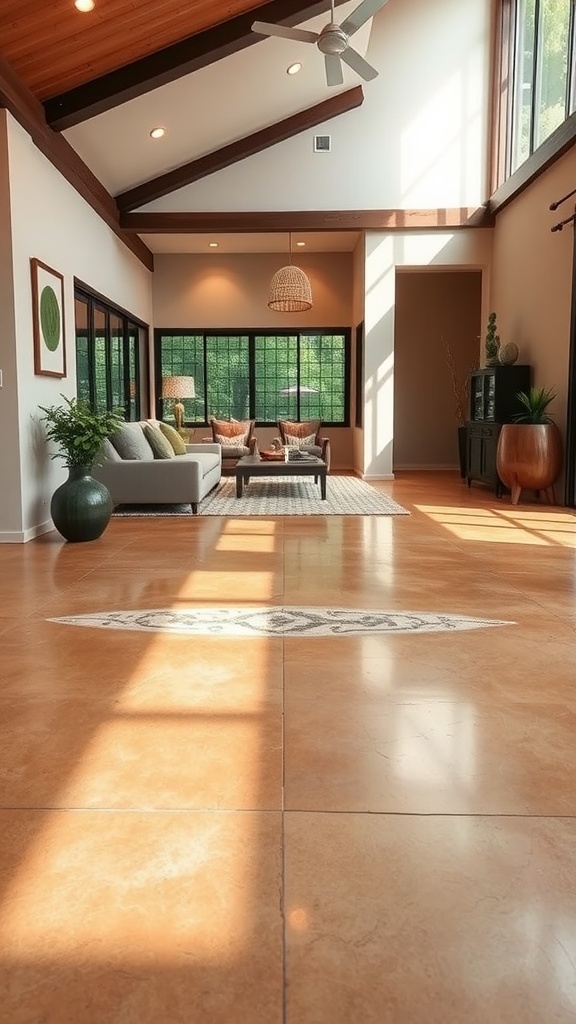A spacious living room featuring polished tan cement floors, large windows, and natural decor.
