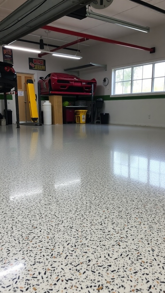 Before and after image showcasing a speckled epoxy garage floor transformation