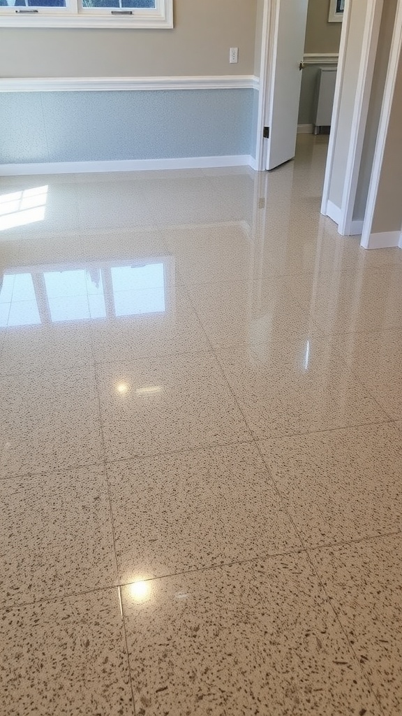 A clean and reflective epoxy floor with black text elements, showcasing a modern and polished look.