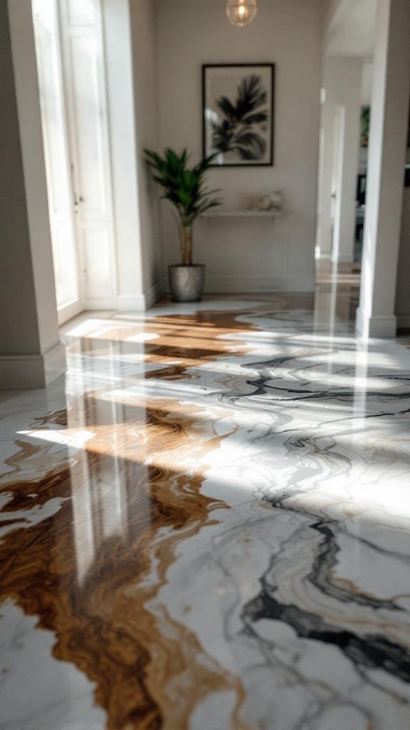 A beautifully stained epoxy floor with rich textures and colors, enhanced by a clear top coat.