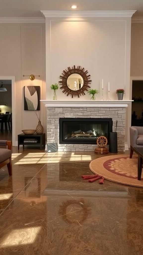 Cozy living room with a fireplace hearth and glossy epoxy flooring