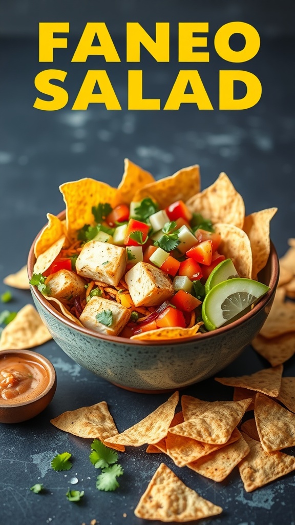 A vibrant fish taco salad with fresh vegetables and tortilla chips.