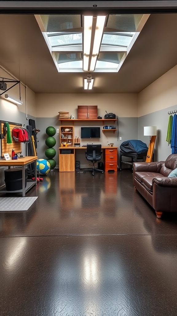 A garage with a fitness corner, featuring a dark epoxy floor, workout equipment, and a cozy couch.