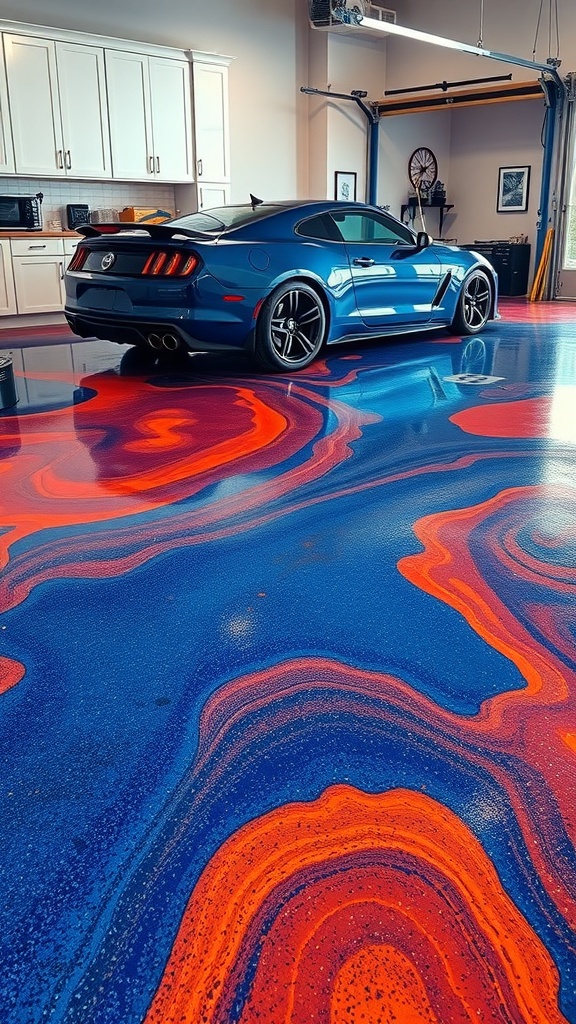 A blue epoxy garage floor with orange flakes and a sleek car parked on it.