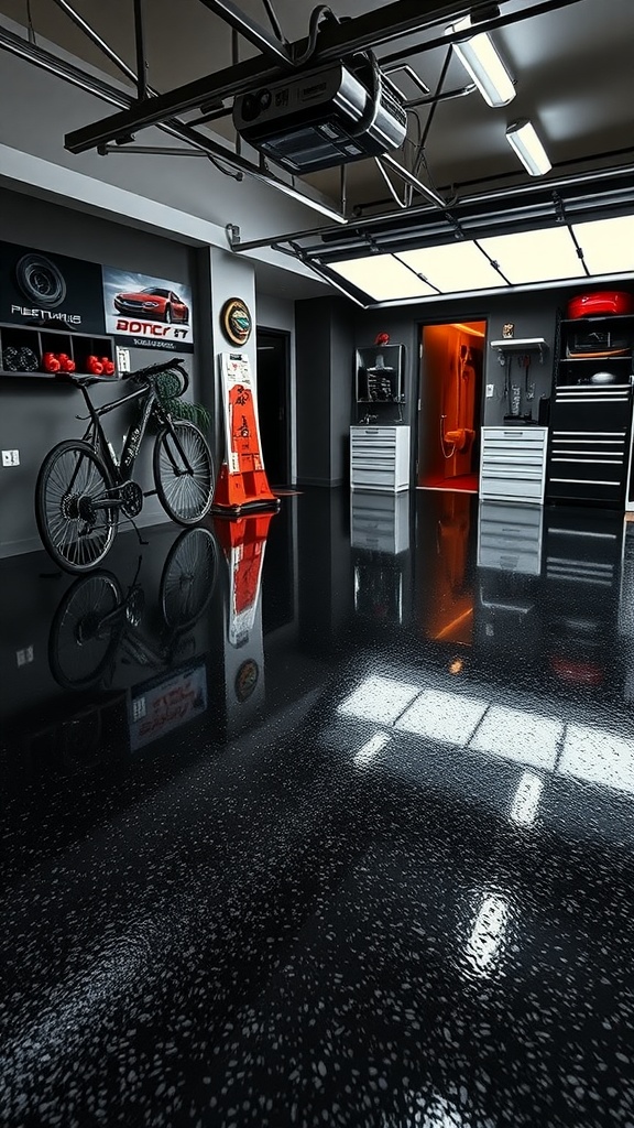 A modern garage featuring a shiny black flake-filled epoxy floor, showcasing a bike and organized tools.