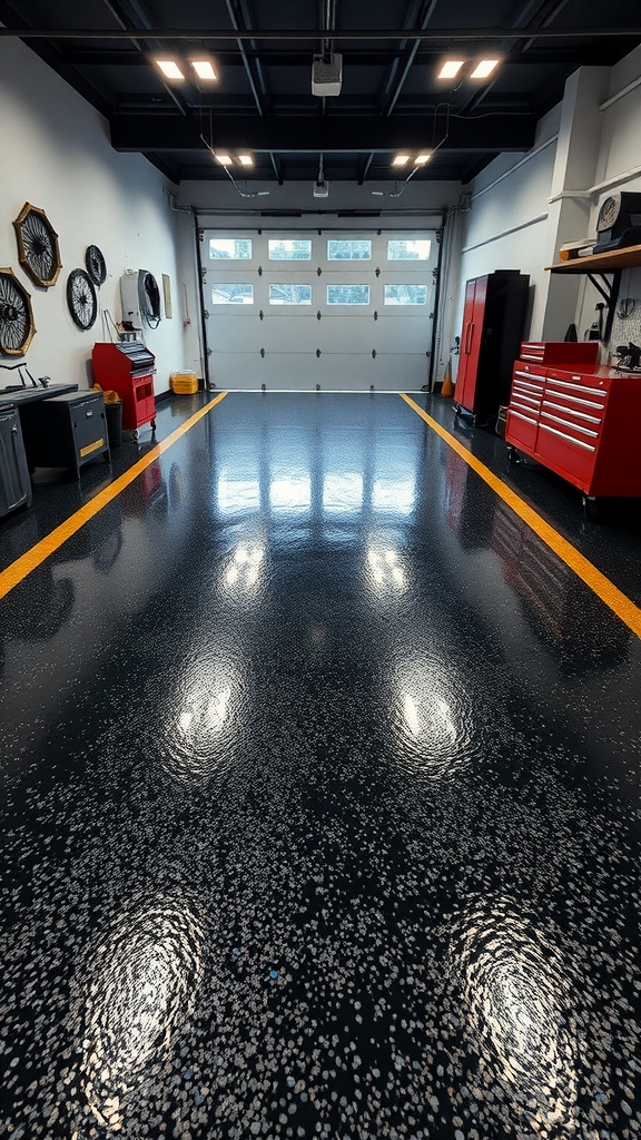 A garage featuring a shiny black epoxy floor with colorful flakes, modern decor, and workstations.