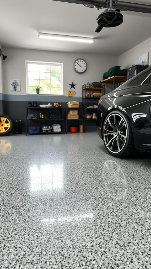 Colorful flake and chip additives on an epoxy garage floor