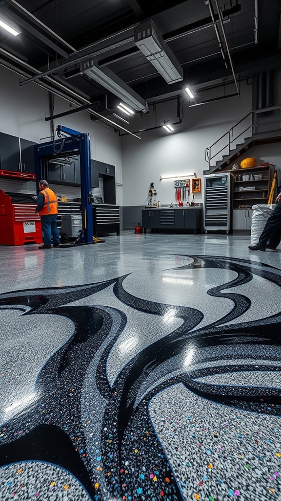 A stylish garage floor with flake and chip designs, showcasing a blend of gray and black colors.