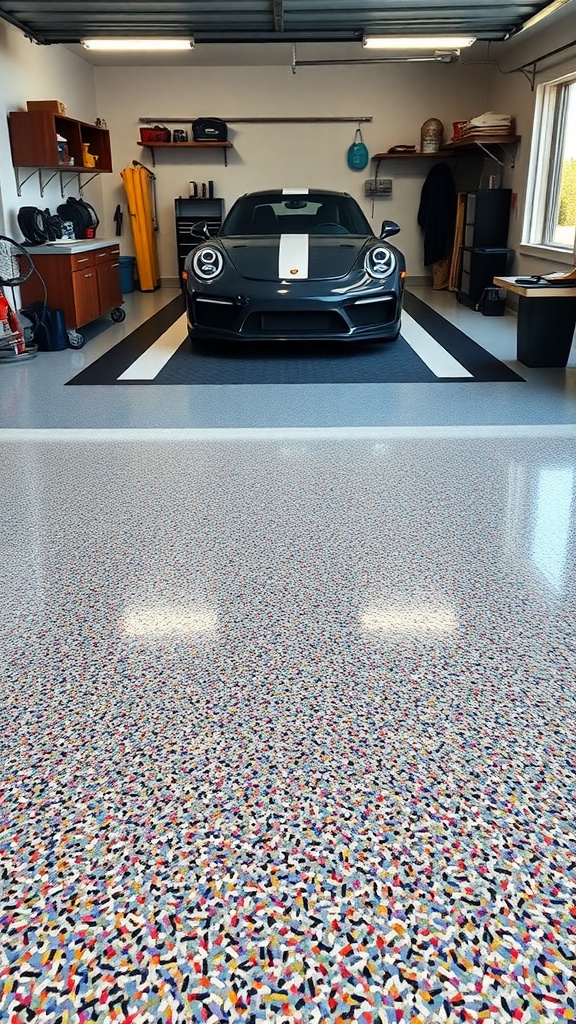 A garage with a colorful flake epoxy floor and a sleek car parked on it.