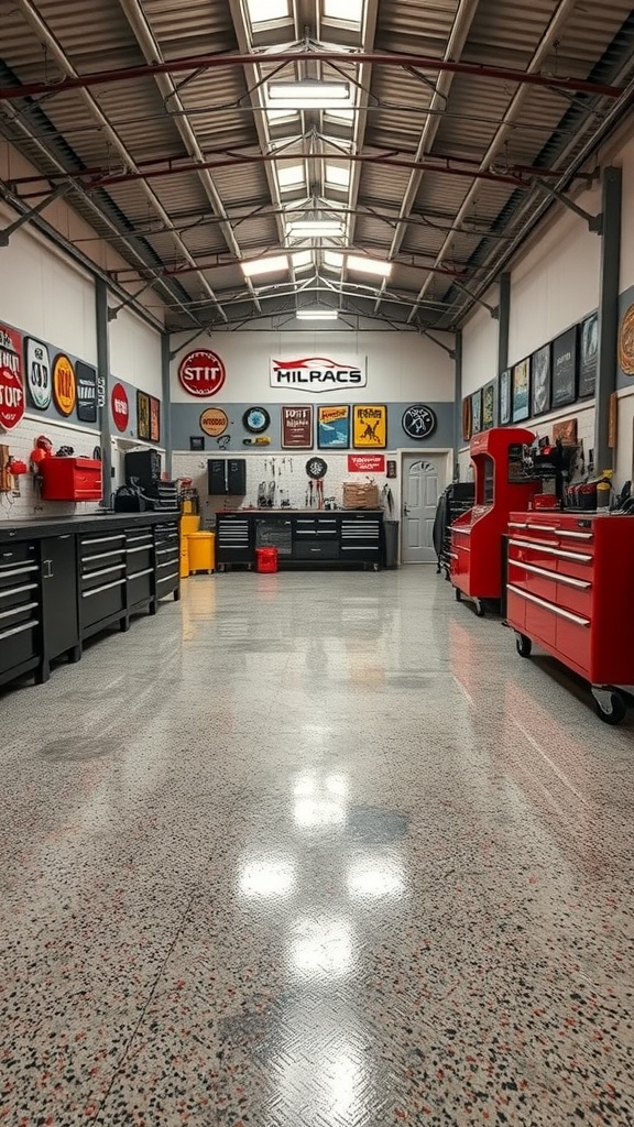 A modern workshop with a flake epoxy floor, red tool chests, and vintage signs.
