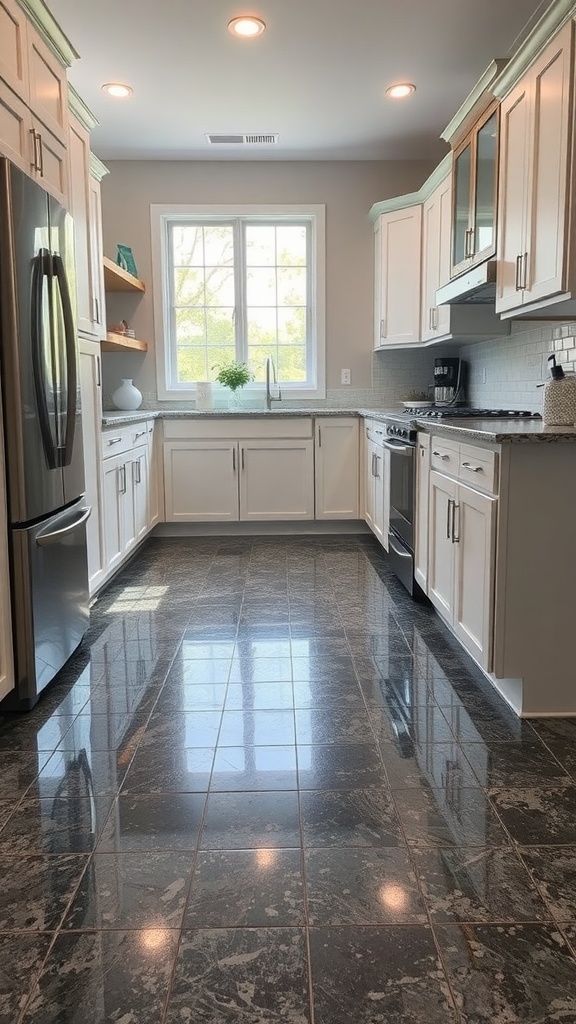A garage with a flake epoxy floor, featuring a grey and black speckled design.