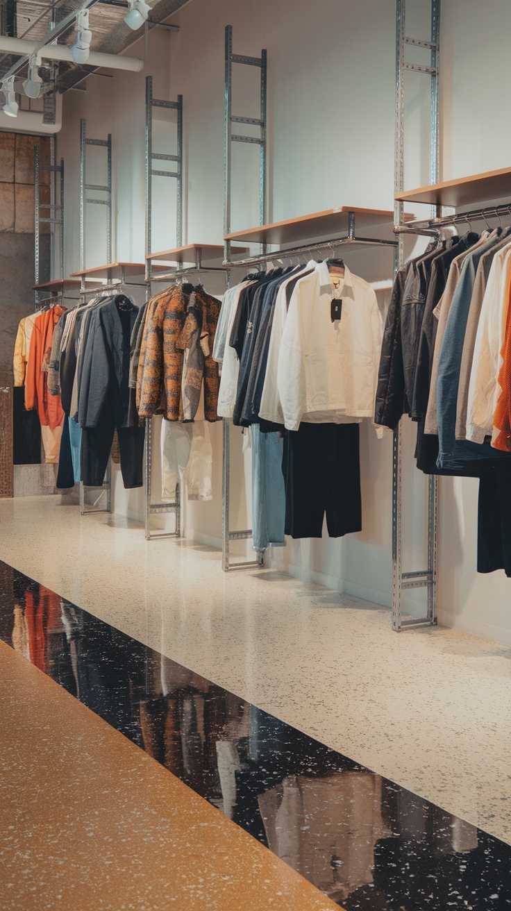 A retail space showcasing clothing on racks with a stylish epoxy flake floor.