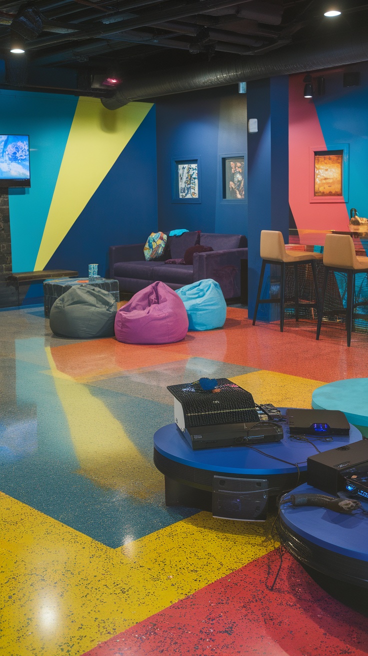 Vibrant game room featuring an epoxy flake floor with a colorful design, bean bags, and modern decor.