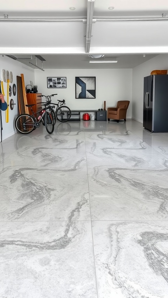 A modern garage with flaked epoxy flooring showcasing a stylish, textured surface.
