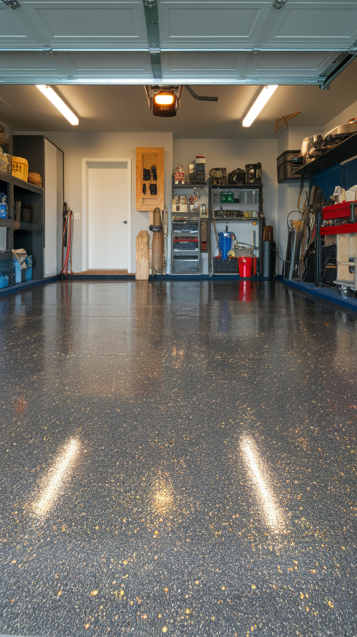 A shiny, glittery epoxy floor in a garage with tools and shelves in the background.