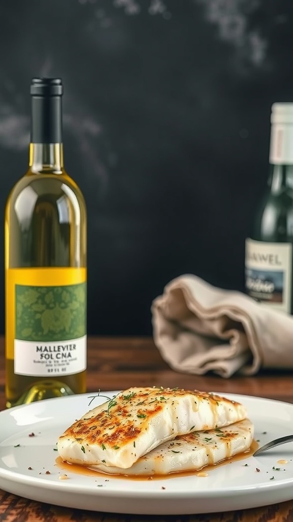 Delicious lemon butter baked cod on a plate, with a bottle of white wine in the background.