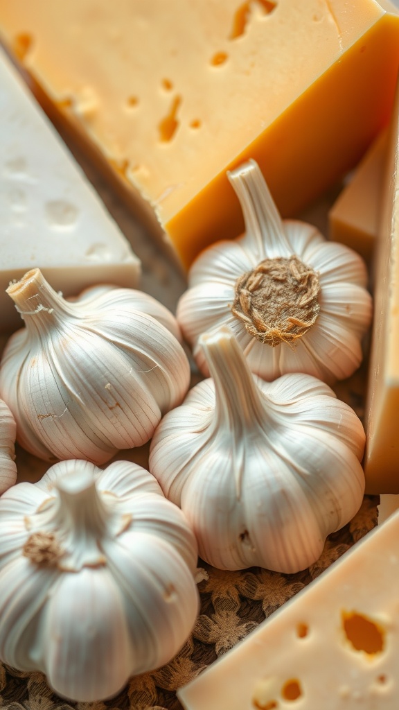 Close-up of garlic bulbs and various cheese blocks.