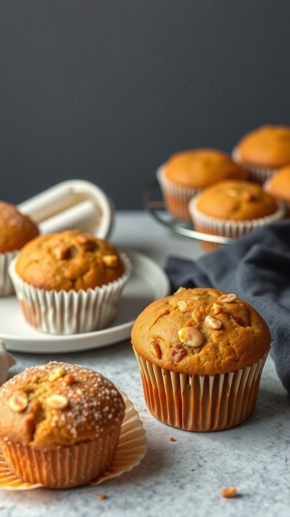 Cinnamon Sugar Donut Muffins on a countertop, some in a muffin tin and others on a plate.