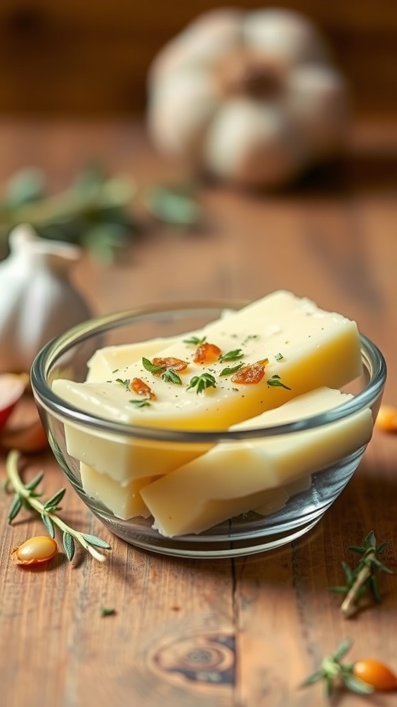 A bowl of freshly made garlic butter infused with herbs, perfect for steak bites and potatoes.
