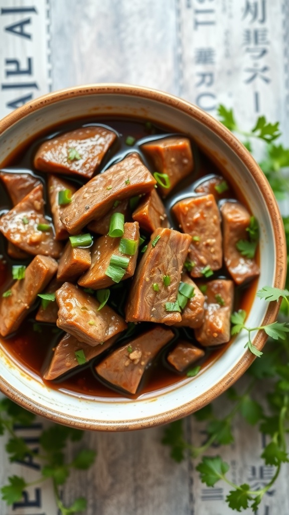 A bowl of marinated beef in a savory sauce.