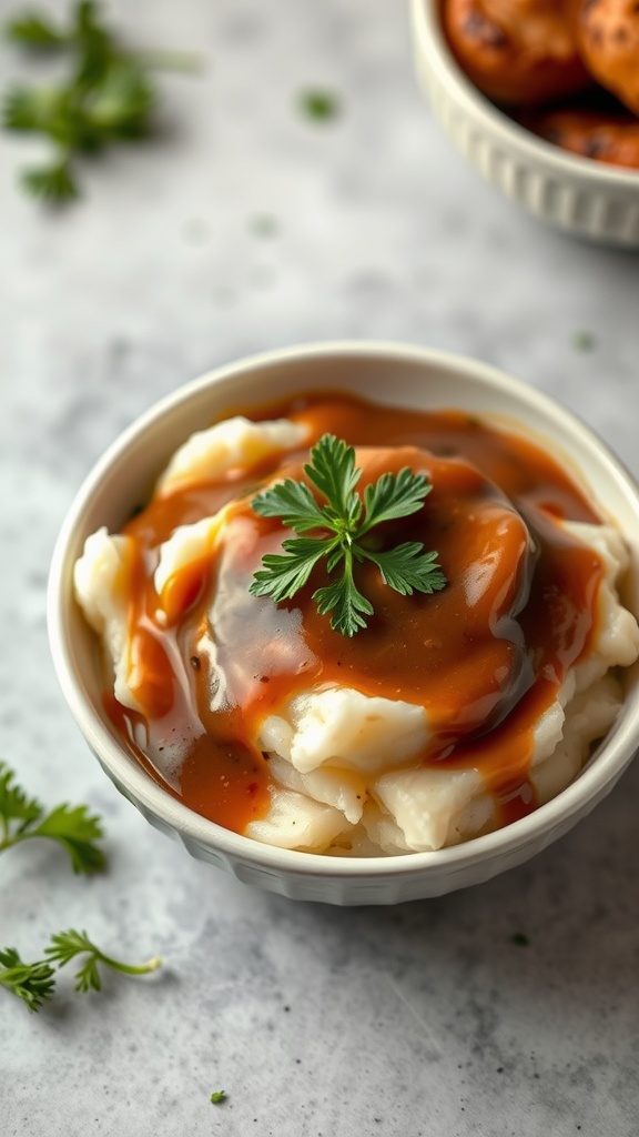 A bowl of creamy mashed potatoes topped with rich gravy and garnished with a sprig of parsley.