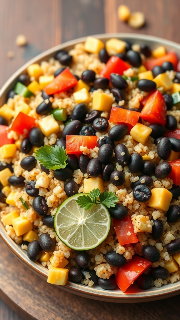 A colorful quinoa salad with black beans, fresh vegetables, and lime.