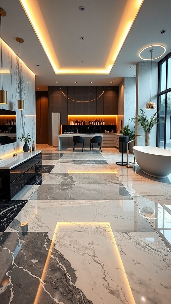 Modern interior with marble epoxy flooring, showcasing elegant design and lighting.