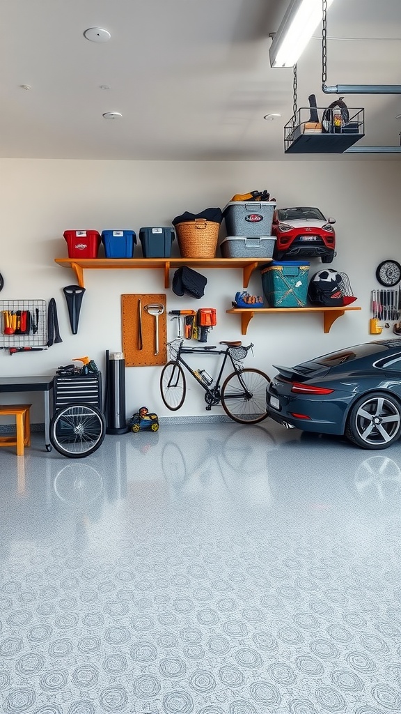 Stylishly organized garage with floating shelves and an epoxy floor