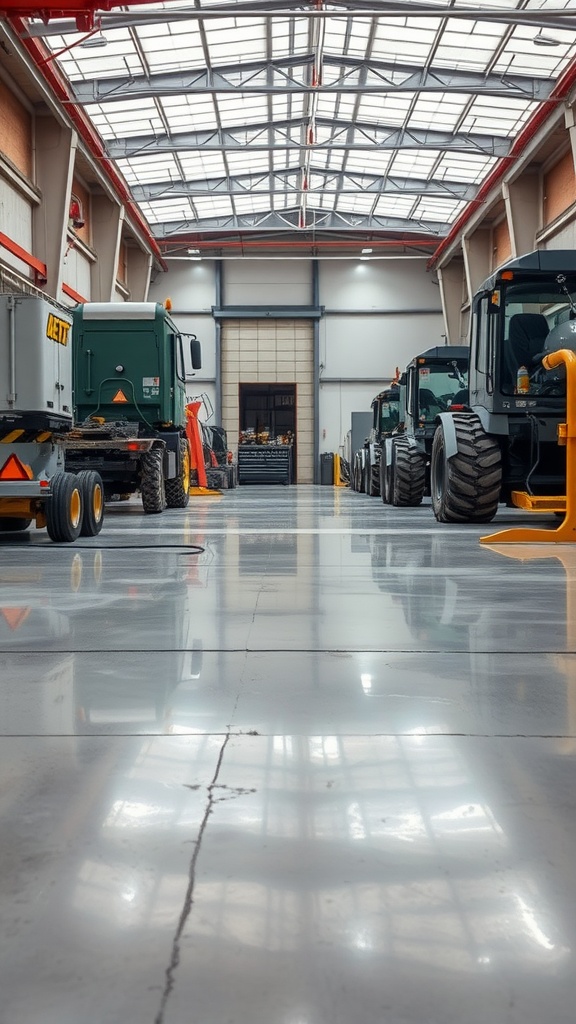 Epoxy-coated industrial floor in a factory with heavy machinery.