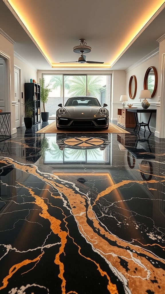 A luxurious room featuring a metallic epoxy floor, showcasing vibrant patterns, with a sleek car in the center, reflecting a blend of modern design and nature-inspired aesthetics.