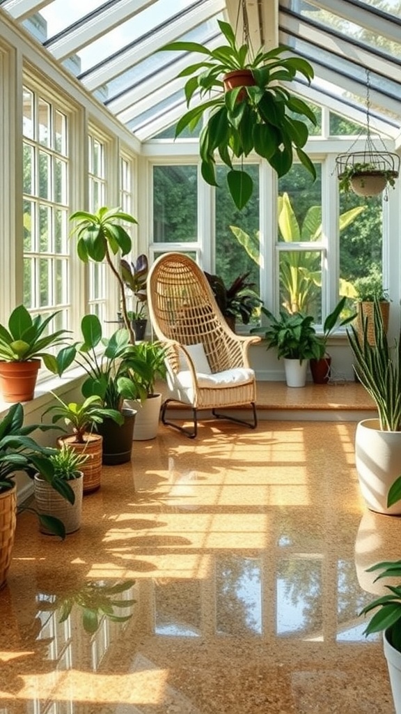 A beautifully designed epoxy floor with floral motifs in a modern interior space, showcasing plants and artwork.