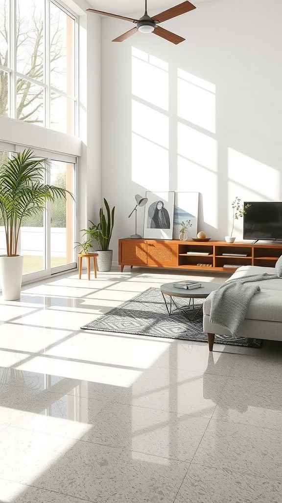 A living space with a metallic epoxy floor featuring floral designs, complemented by natural light and modern decor.