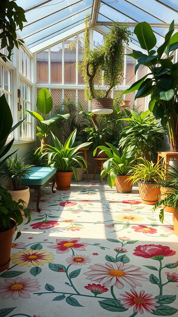 A bright and vibrant floral epoxy floor pattern in a greenhouse surrounded by plants.