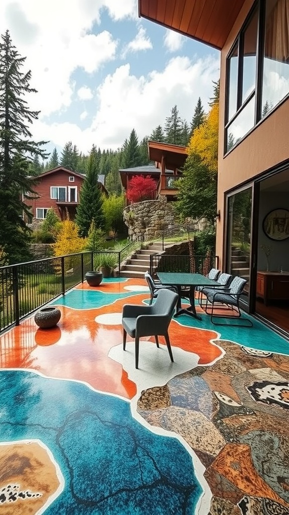 Beautiful floral epoxy patterns on the floor of a modern hillside home