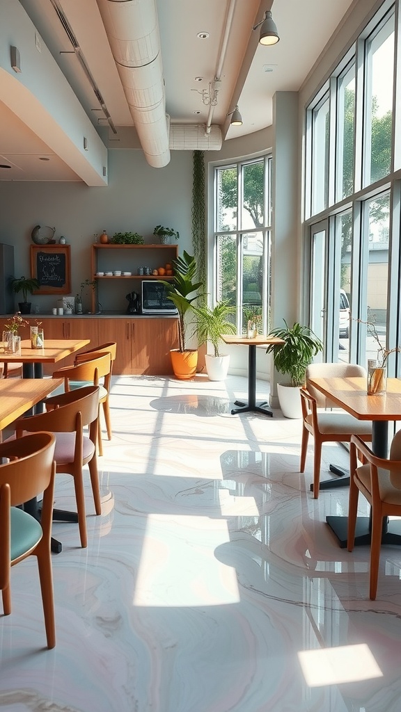 A stylish cafe interior featuring a floral epoxy patterned floor with vibrant colors.
